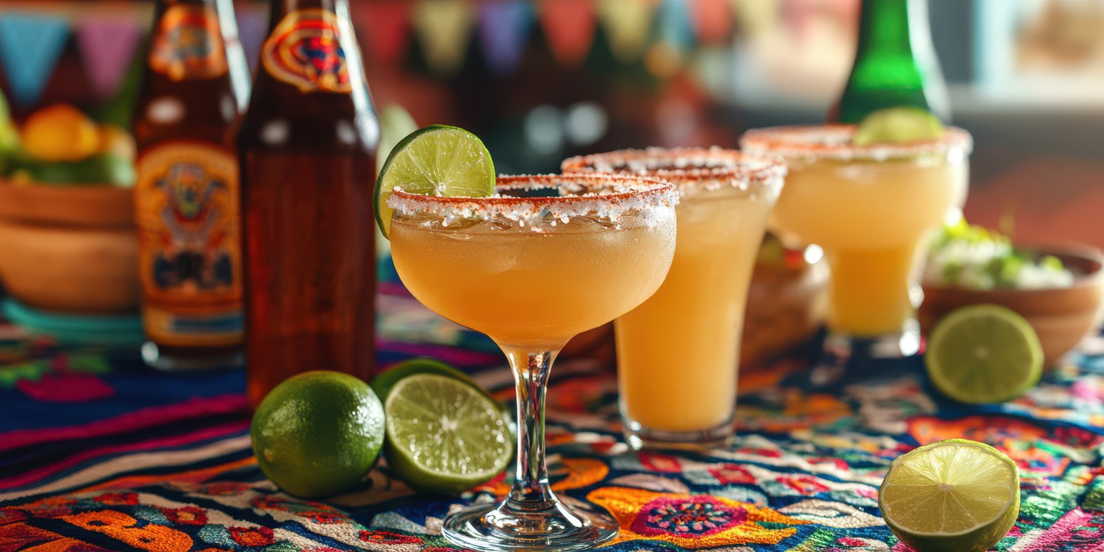 Refreshing margaritas on a vibrant tablecloth during a festive gathering in a lively setting